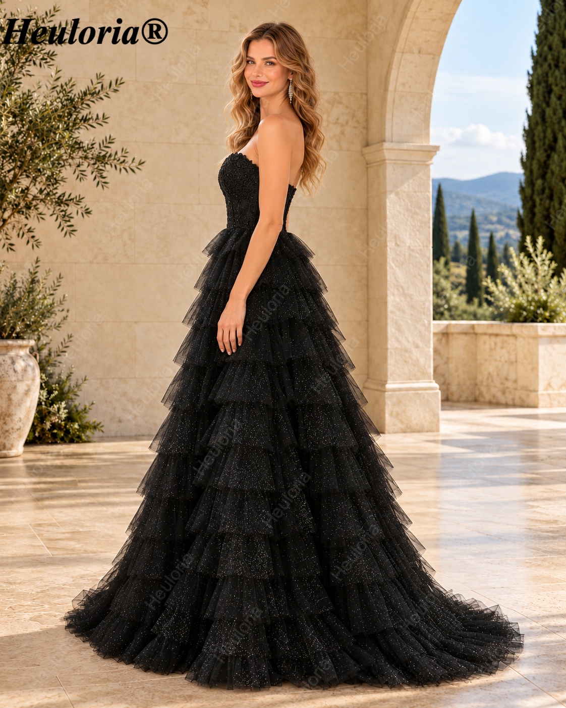 HEULORIA Black Sweetheart Tiered Glitter Tulle Prom Dress with Lace Bodice ED-102