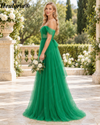 HEULORIA Emerald Green Off-Shoulder Tulle A-Line Bridesmaid Dress with Illusion Corset Bodice – ED-262