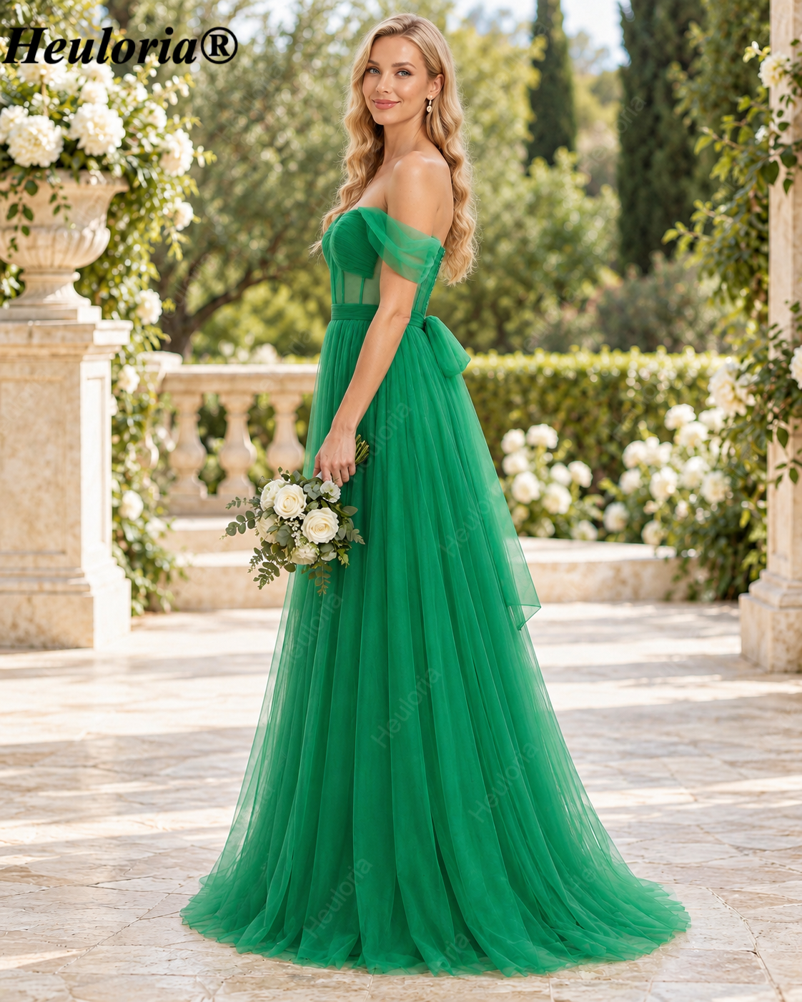 HEULORIA Emerald Green Off-Shoulder Tulle A-Line Bridesmaid Dress with Illusion Corset Bodice – ED-262