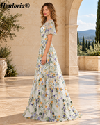 HEULORIA Ivory Floral Embroidered A-Line Evening Dress with Flutter Sleeves ED-684