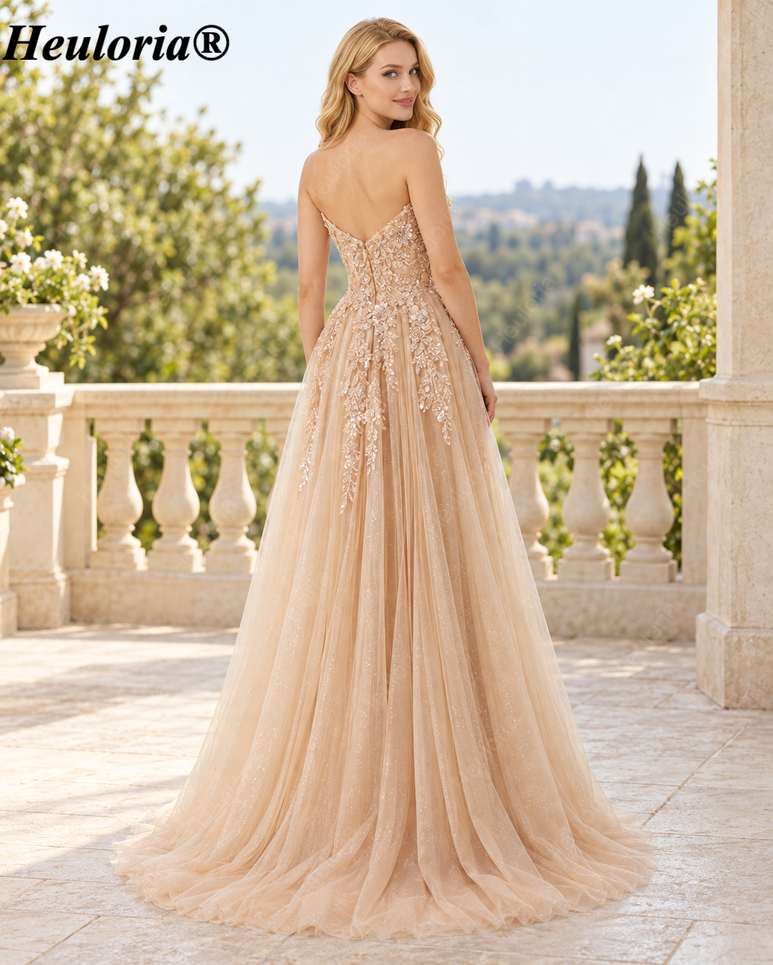 HEULORIA Strapless Beaded Floral A-Line Tulle Prom Dress with Slit ED-354