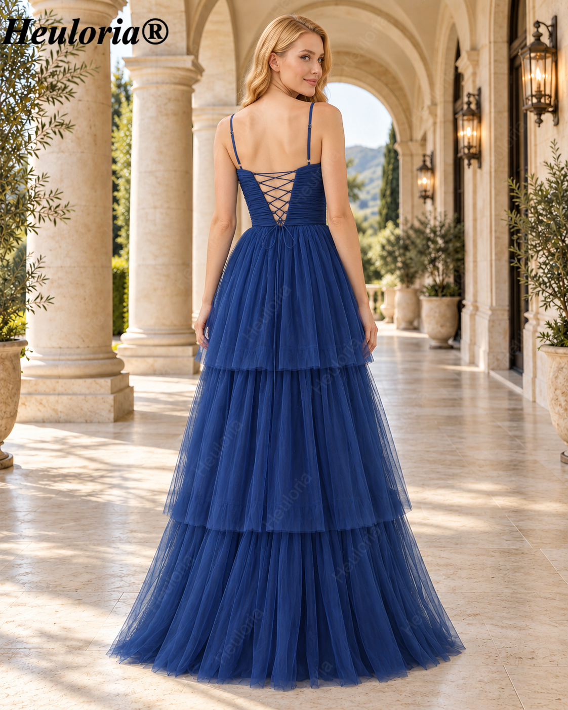 heuloria Navy Ruched Tiered Tulle A-Line Dress with Lace-Up Back-ed-548