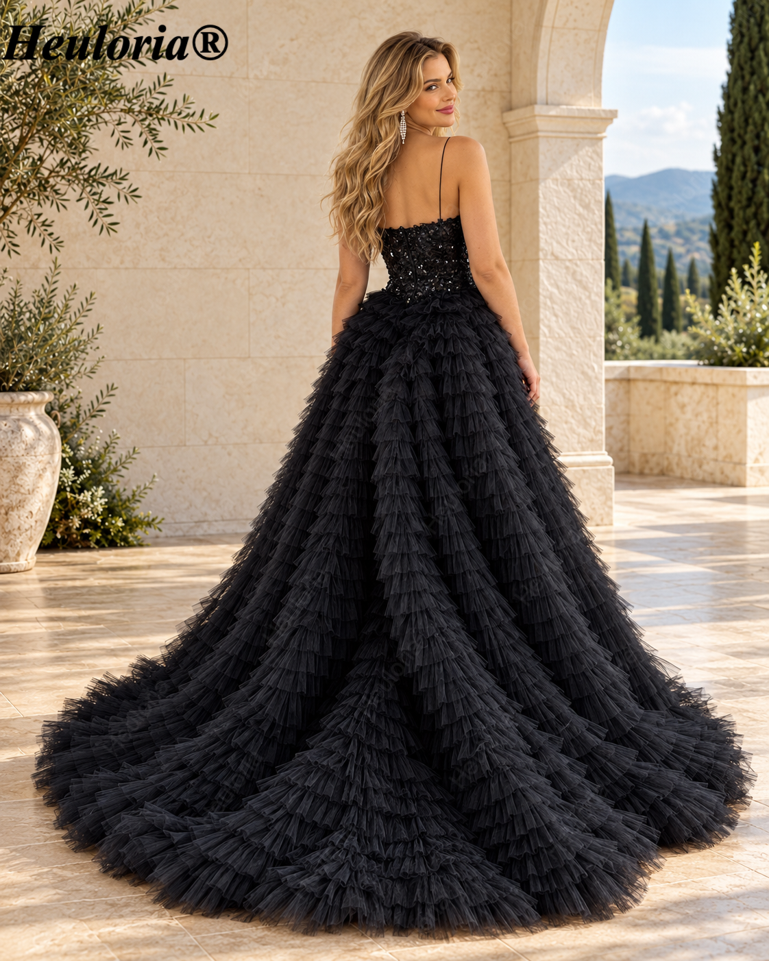 HEULORIA Black Sequin Spaghetti Strap Tiered Tulle Ball Gown Prom Dress with High Slit – ED-91 Immagine secondaria del prodotto