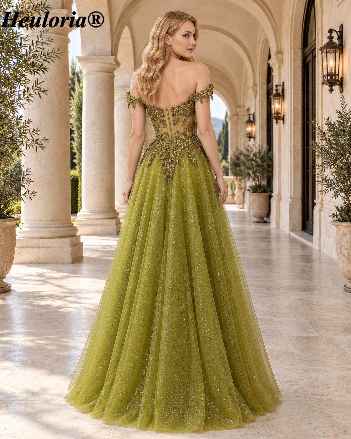 HEULORIA Olive Green Off-Shoulder Sequin Lace Tulle Prom Dress ED-574