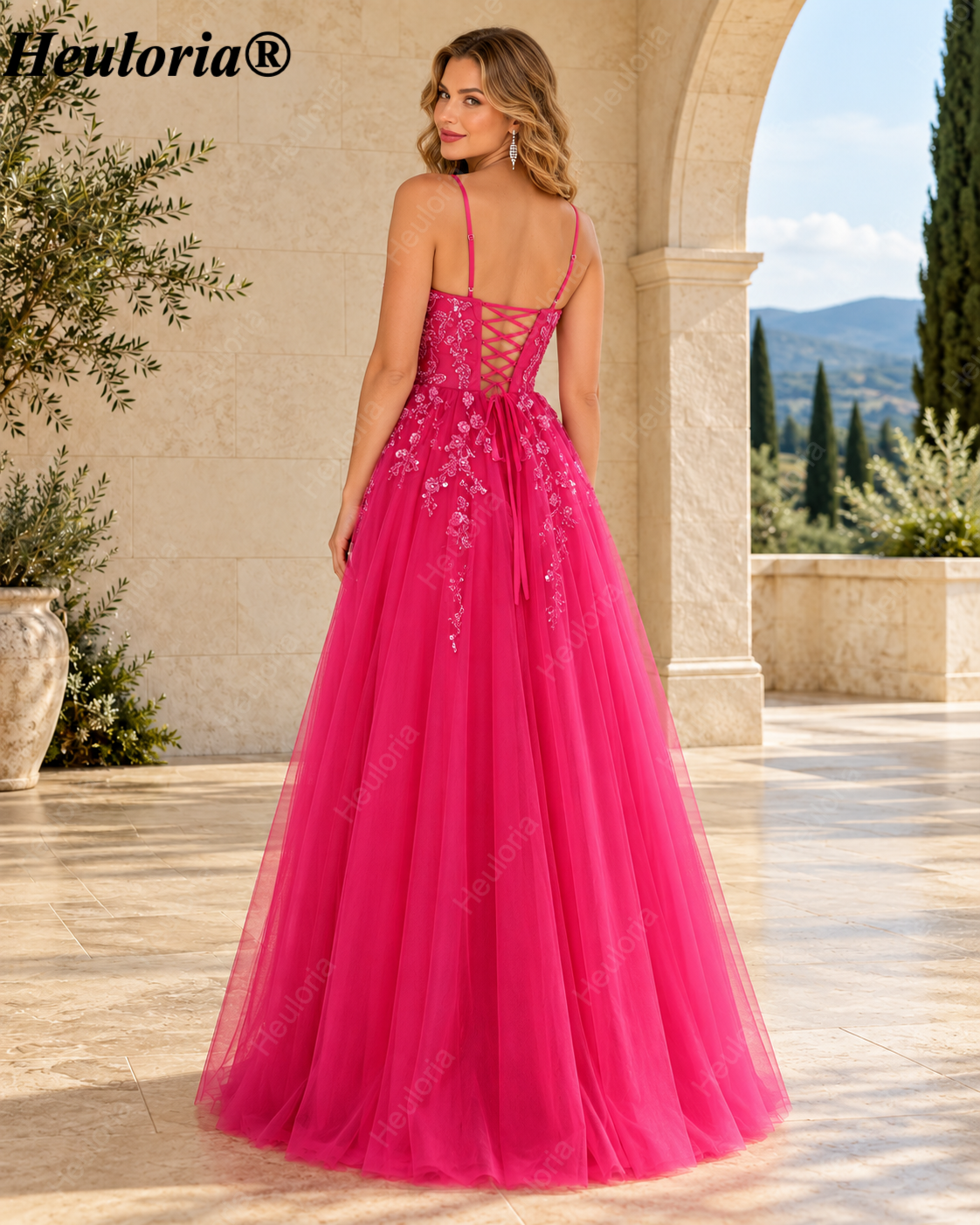 HEULORIA Royal Blue Floral Appliqué Tulle A-Line Prom Dress with V-Neck and Corset Back – ED-341