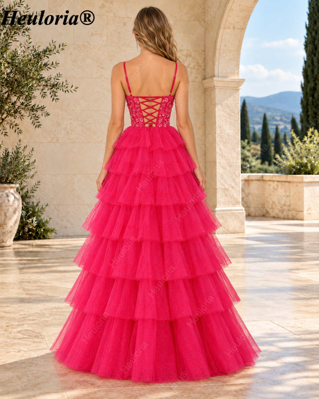 HEULORIA Fuchsia Beaded Sequin Tiered Tulle A-Line Prom Dress – ED-222 Secondary image