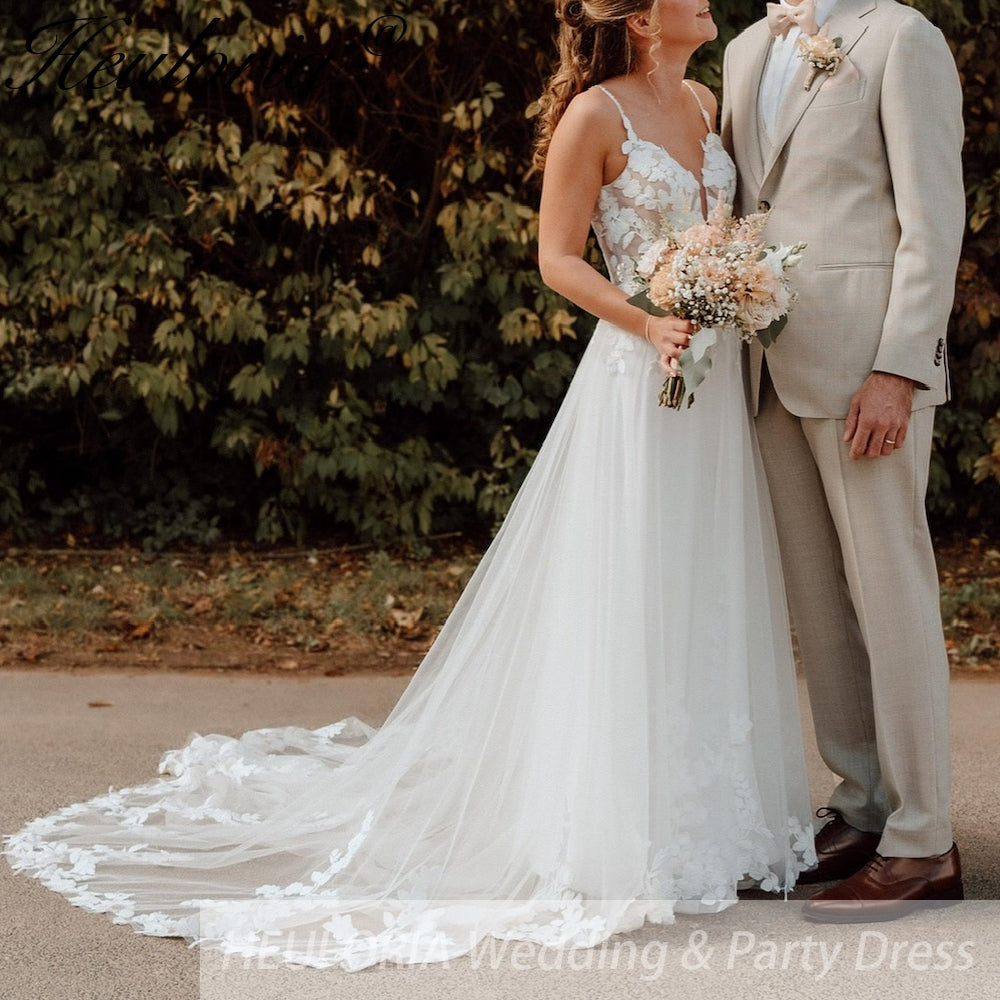HEULORIA Spaghetti Straps Boho Wedding Dress Customized Lace Applqiues V Neck Bridal Gowns Tulle A Line abito da sposa AL-QK320