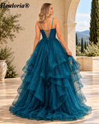 HEULORIA Sparkly Floral Applique Tiered Tulle Ball Gown Prom Dress with Lace-Up Back ED-409