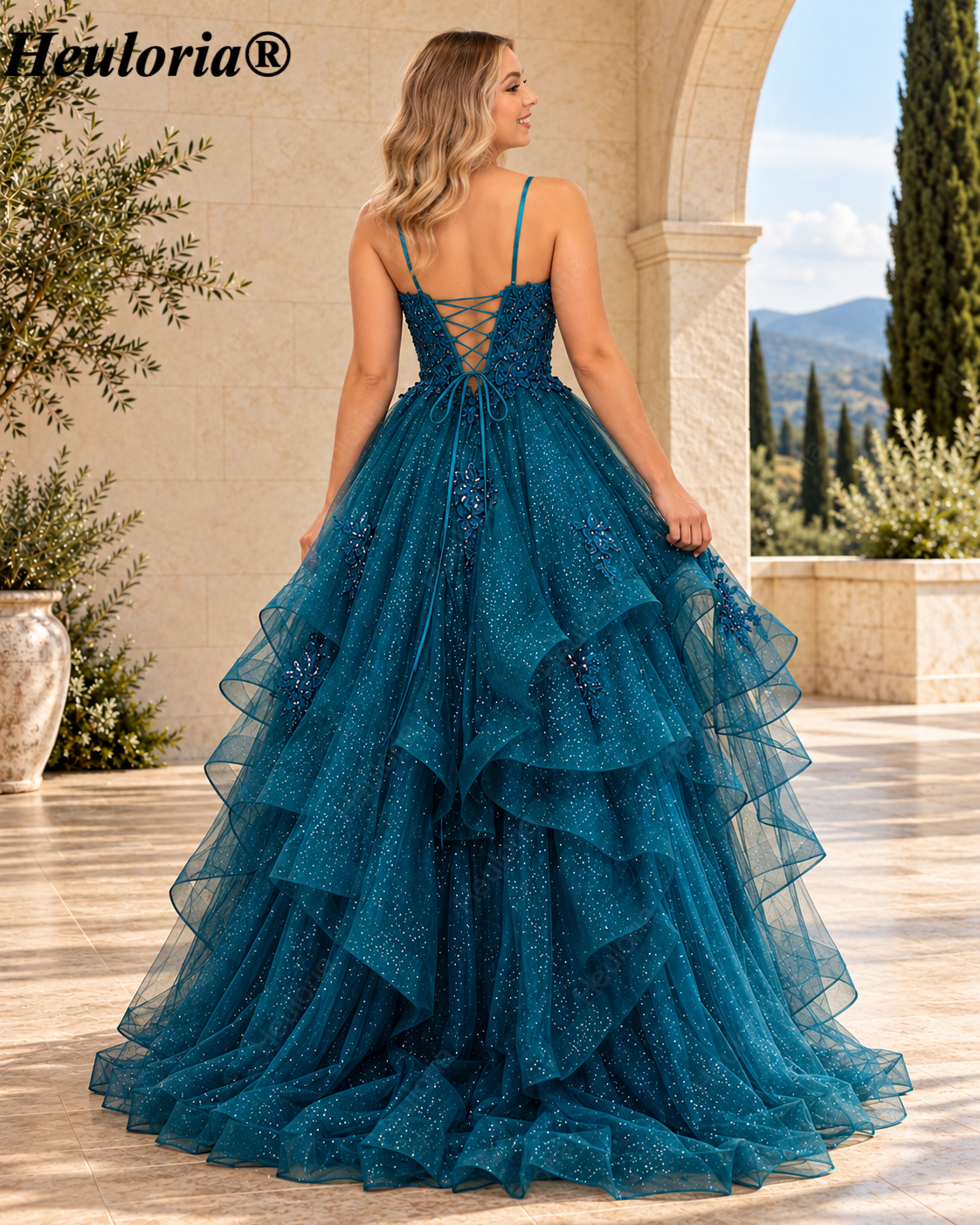 HEULORIA Sparkly Floral Applique Tiered Tulle Ball Gown Prom Dress with Lace-Up Back ED-409