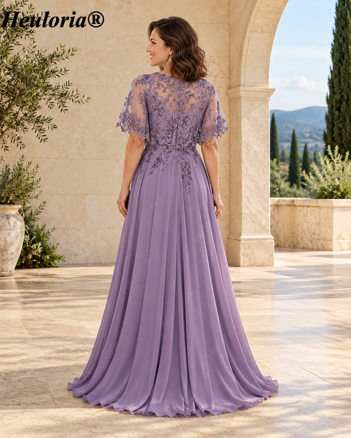 heuloria-Lace Applique Chiffon A-Line Mother of the Bride Dress with Cape-ed-378