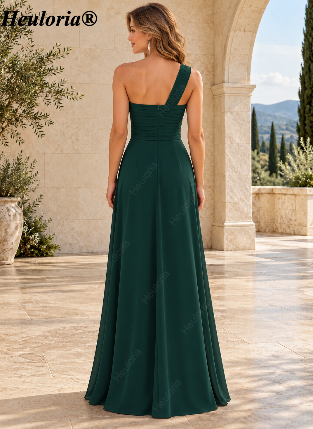 HEULORIA One-Shoulder Ruched Chiffon Bridesmaid Dress with Slit ED-959