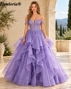 HEULORIA Off-Shoulder Floral Corset Ruffle Tulle Ball Gown Prom Dress ED-390