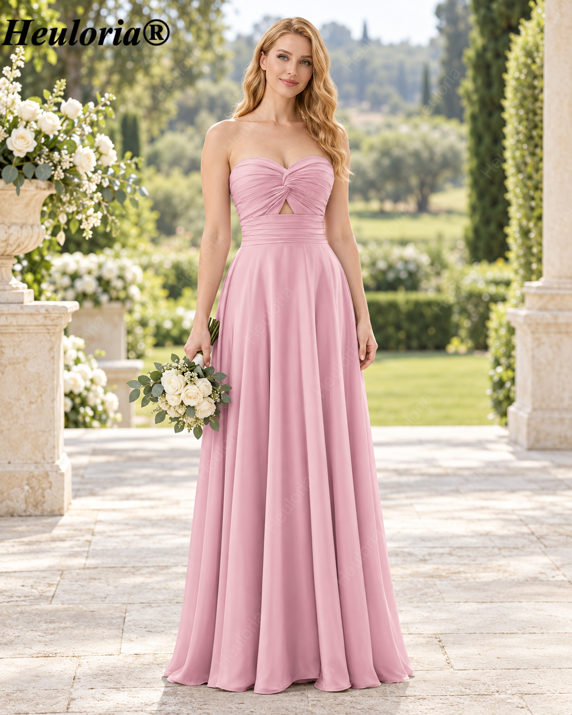 HEULORIA Dark Green Strapless Satin A-Line Bridesmaid Dress with Ruched Cutout Bodice – ED-265