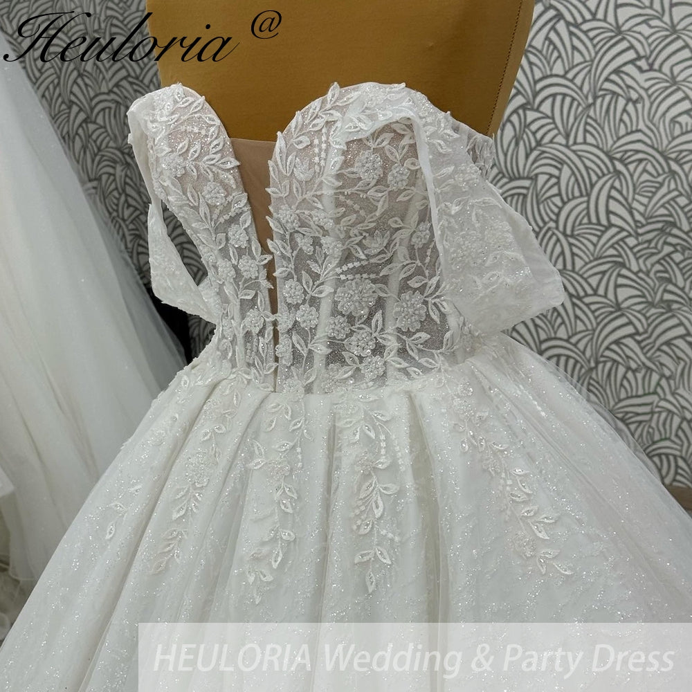 HEULORIA Sparkly Glitter Wedding dress Off The Shoulder 2025 Luxury Women Church Beach Bride Dresses Floral Lace Customized BA-1100