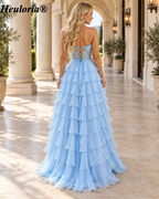 HEULORIA Strapless Lace Corset Prom Dress with Tiered Ruffles and Slit ED-89
