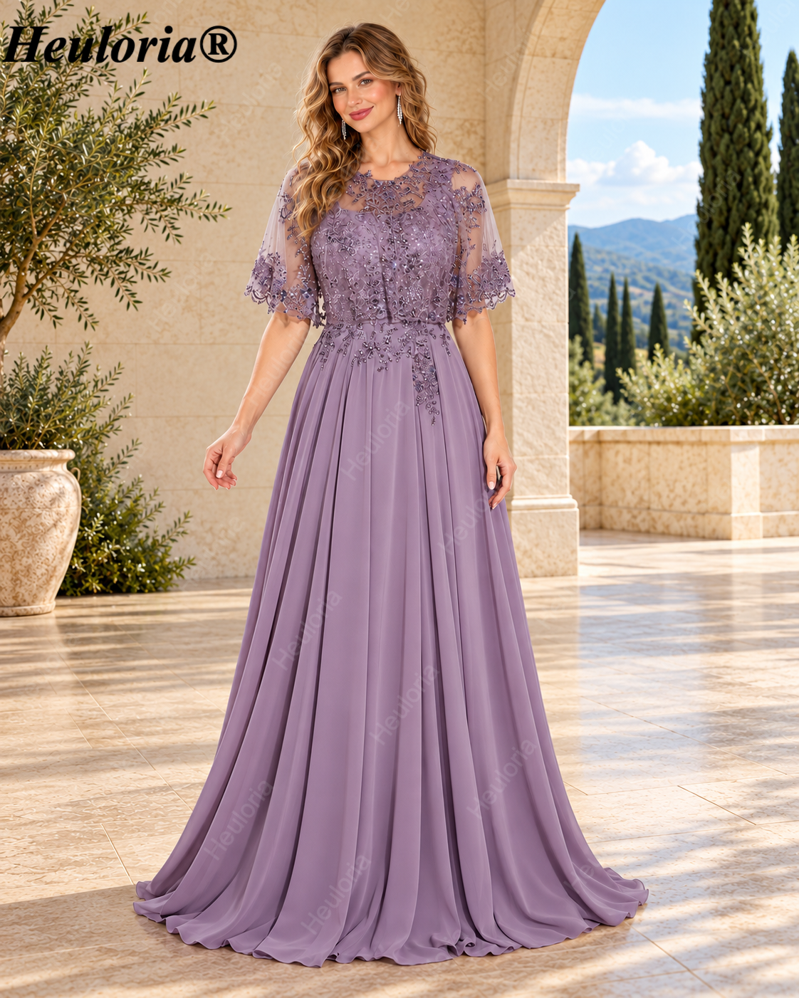 heuloria-Lace Applique Chiffon A-Line Mother of the Bride Dress with Cape-ed-378