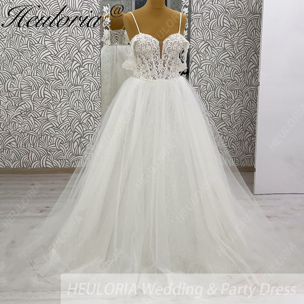 Sparkling Glitter Tulle A-Line Wedding Dress: Sweetheart Plunge & Detachable Lace Sleeves AL-1024