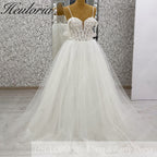 Sparkling Glitter Tulle A-Line Wedding Dress: Sweetheart Plunge & Detachable Lace Sleeves AL-1024