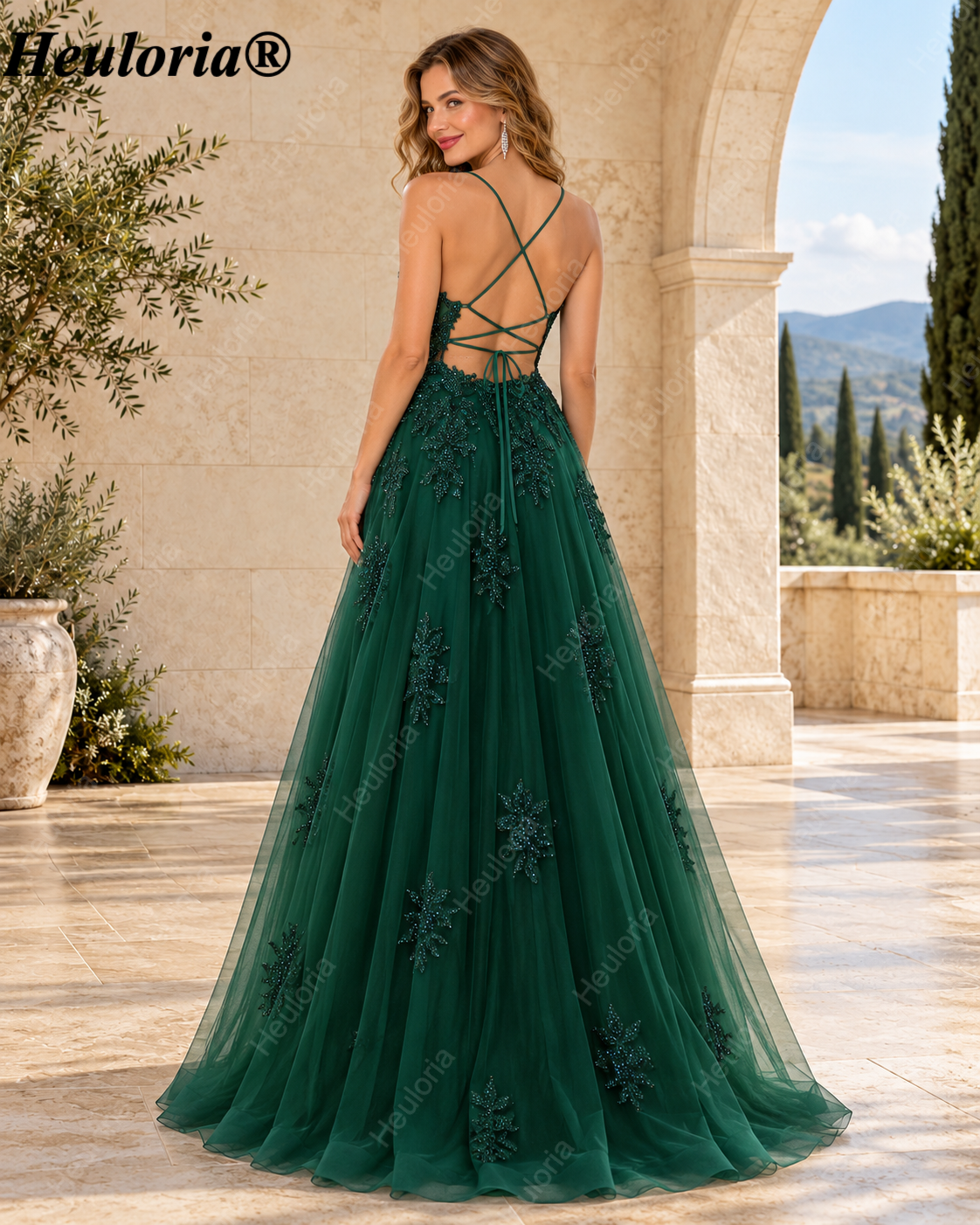 HEULORIA Spaghetti Strap Lace Applique A-Line Tulle Prom Dress ED-337 Imagen secundaria del producto