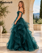 HEULORIA Emerald Off-the-Shoulder Glitter Tulle Ball Gown Prom Dress with Tiered Ruffles and Corset Bodice ED-406