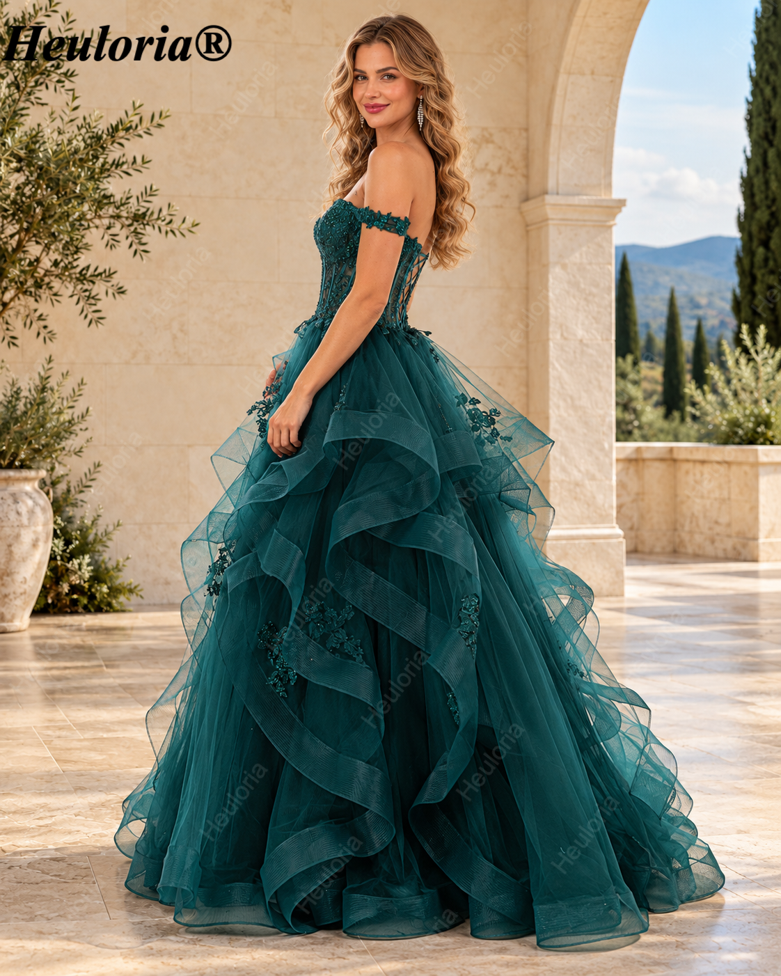 HEULORIA Emerald Off-the-Shoulder Glitter Tulle Ball Gown Prom Dress with Tiered Ruffles and Corset Bodice ED-406