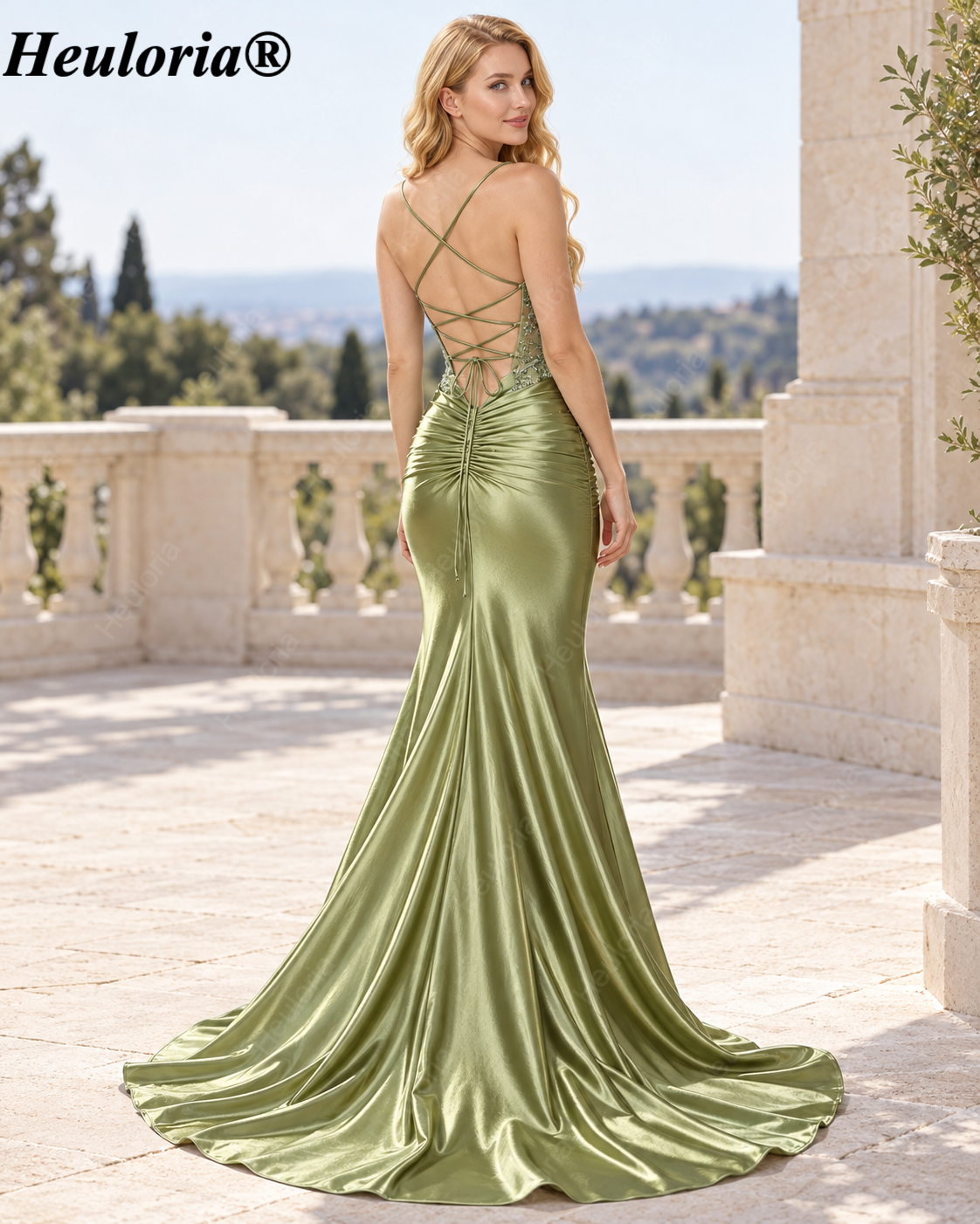 HEULORIA Sage Green Beaded Corset Satin Mermaid Prom Dress with High Slit and Lace-Up Back – ED-217 Secondary image