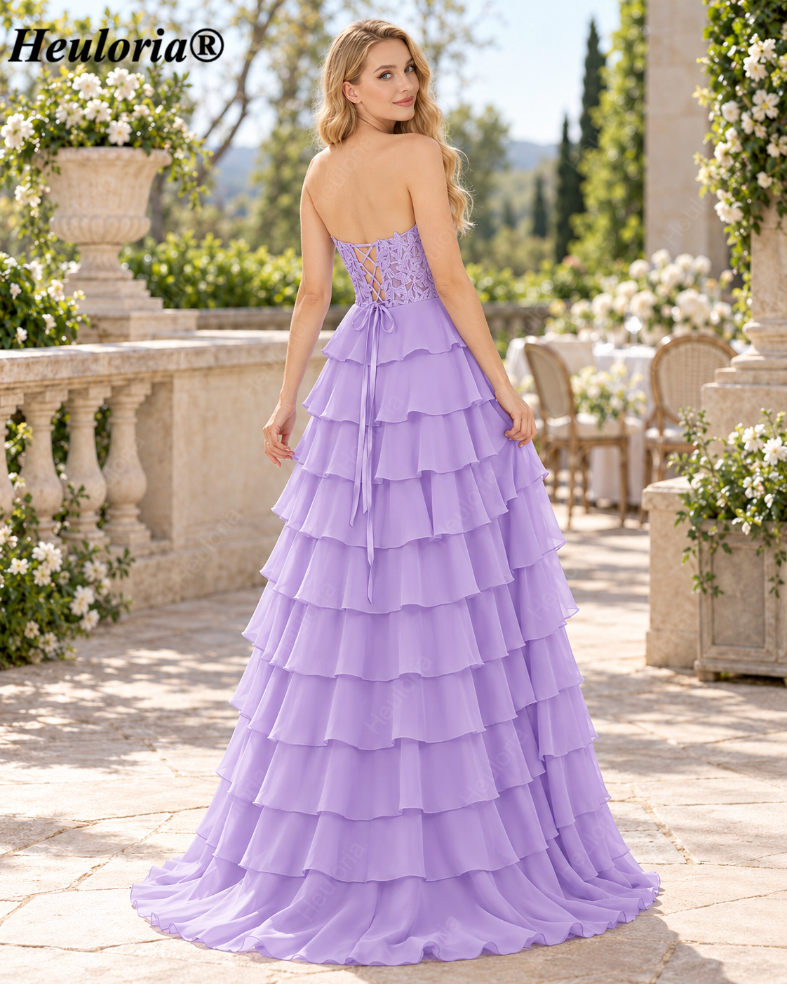HEULORIA Lavender Strapless Lace Corset Tiered Chiffon A-Line Prom Dress – ED-235