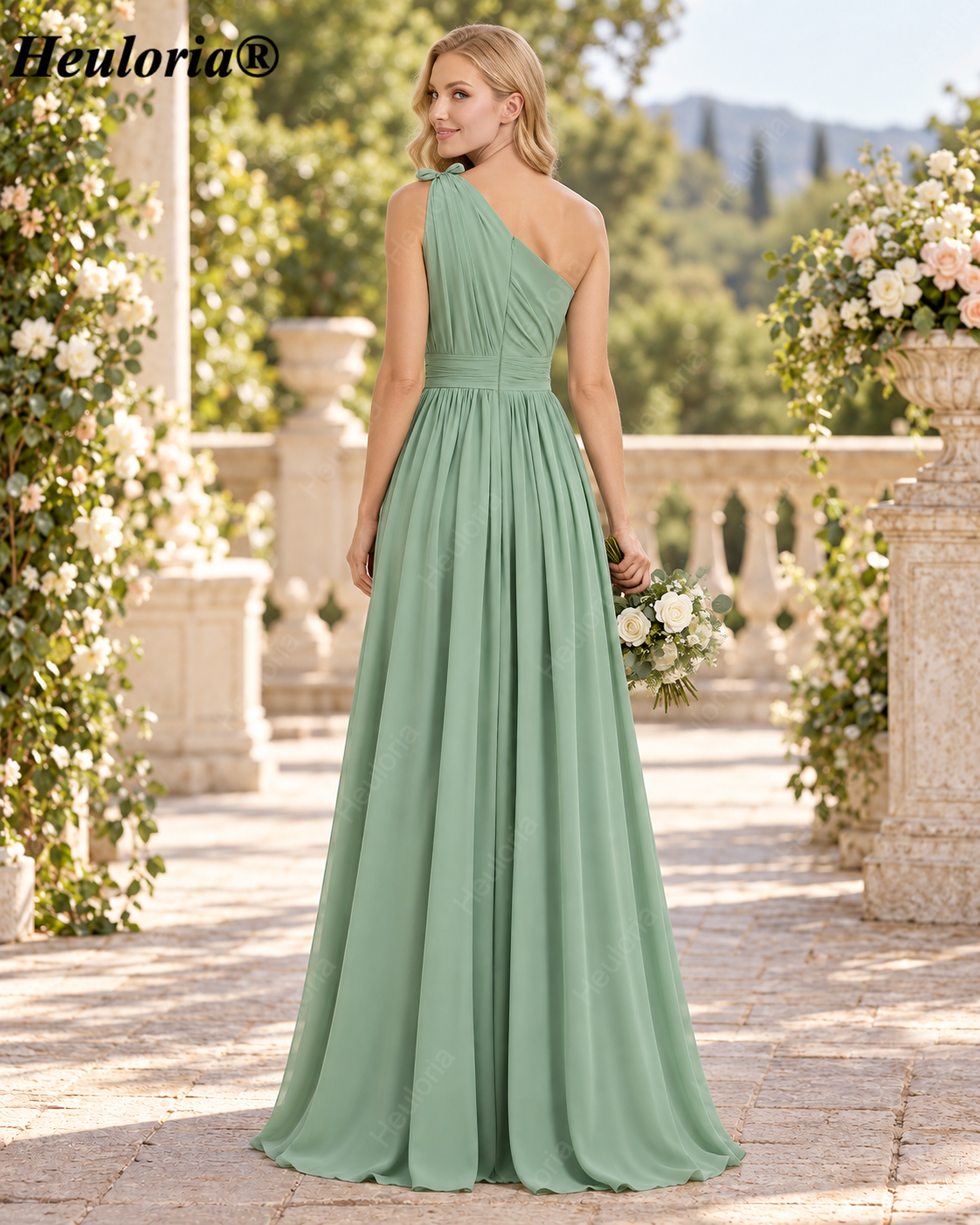 HEULORIA Dusty Sage One-Shoulder Ruched Chiffon A-Line Bridesmaid Dress ED-243
