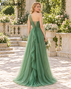 HEULORIA Navy Blue One-Shoulder Glitter Tulle A-Line Prom Dress with Ruffle Skirt – ED-250