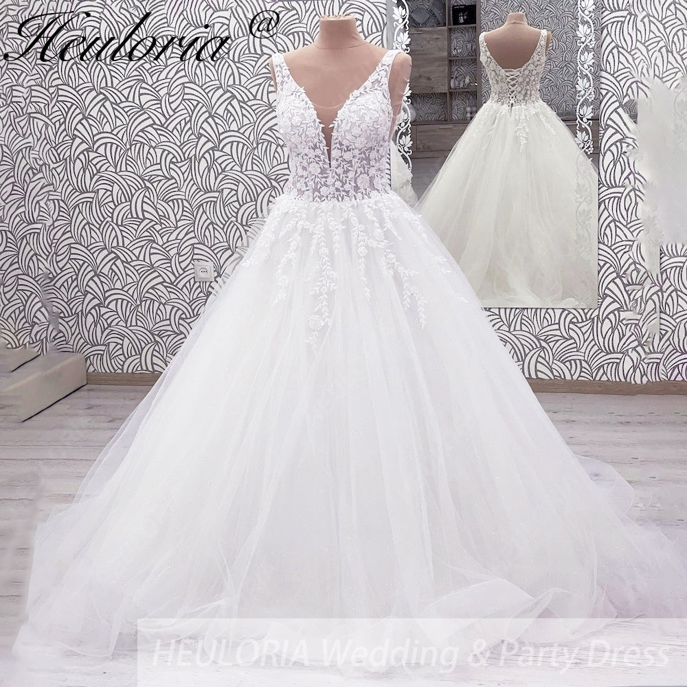 HEULORIA V Neck Sleeveless A line Wedding Dress Boho Lace Appliques Tulle Long Bridal Gowns Backless Vestidos de Novia Customized AL-1023
