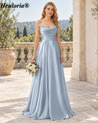 HEULORIA Cowl Neck Satin A-Line Bridesmaid Dress with Embellished Trim ED-361