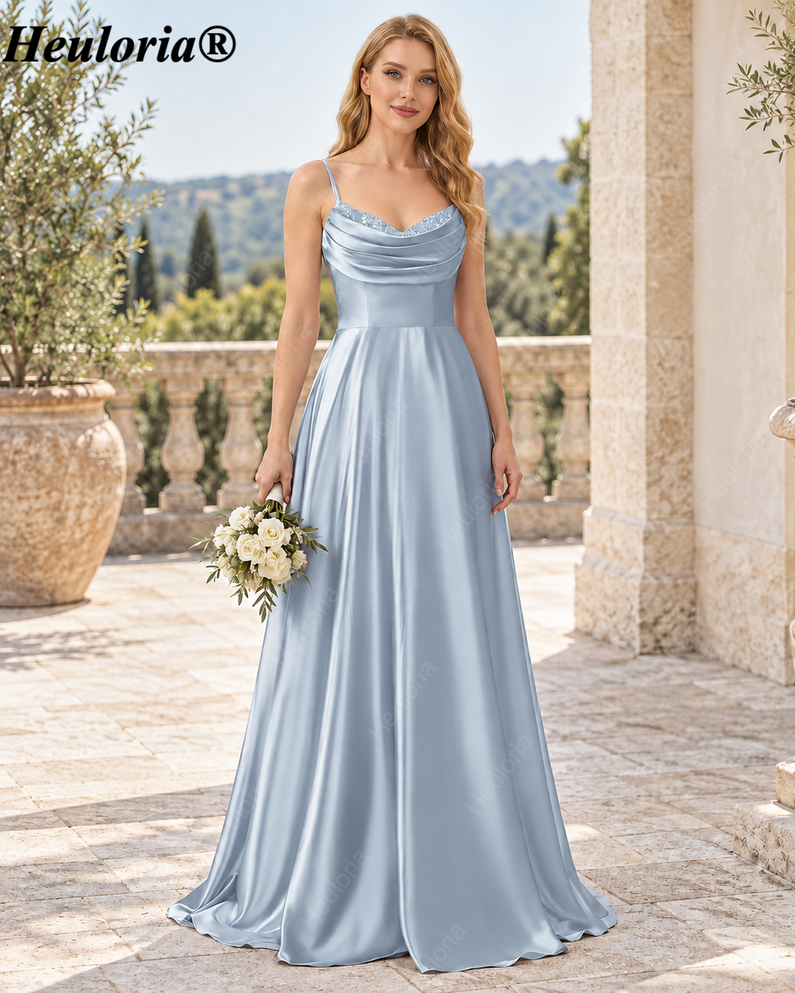 HEULORIA Cowl Neck Satin A-Line Bridesmaid Dress with Embellished Trim ED-361