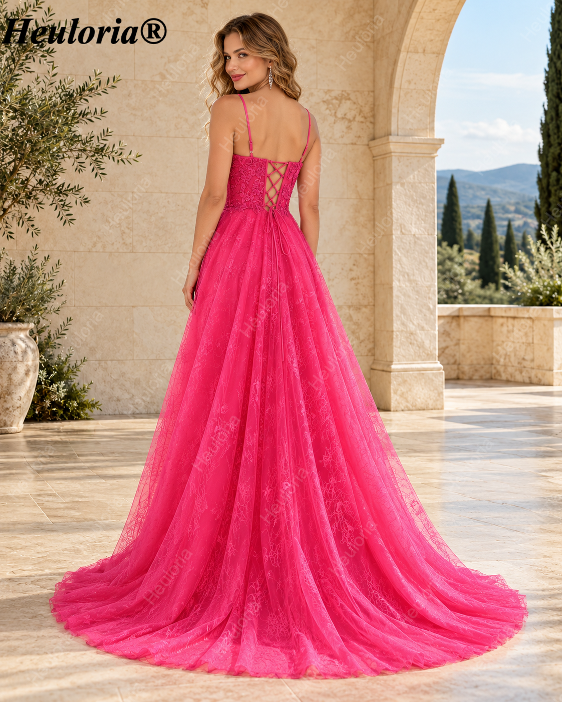HEULORIA Fuchsia Lace A-Line Prom Dress with Illusion Corset Bodice and Lace-Up Back ED-374