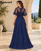 heuloria-Lace Applique Chiffon A-Line Mother of the Bride Dress with Cape-ed-378