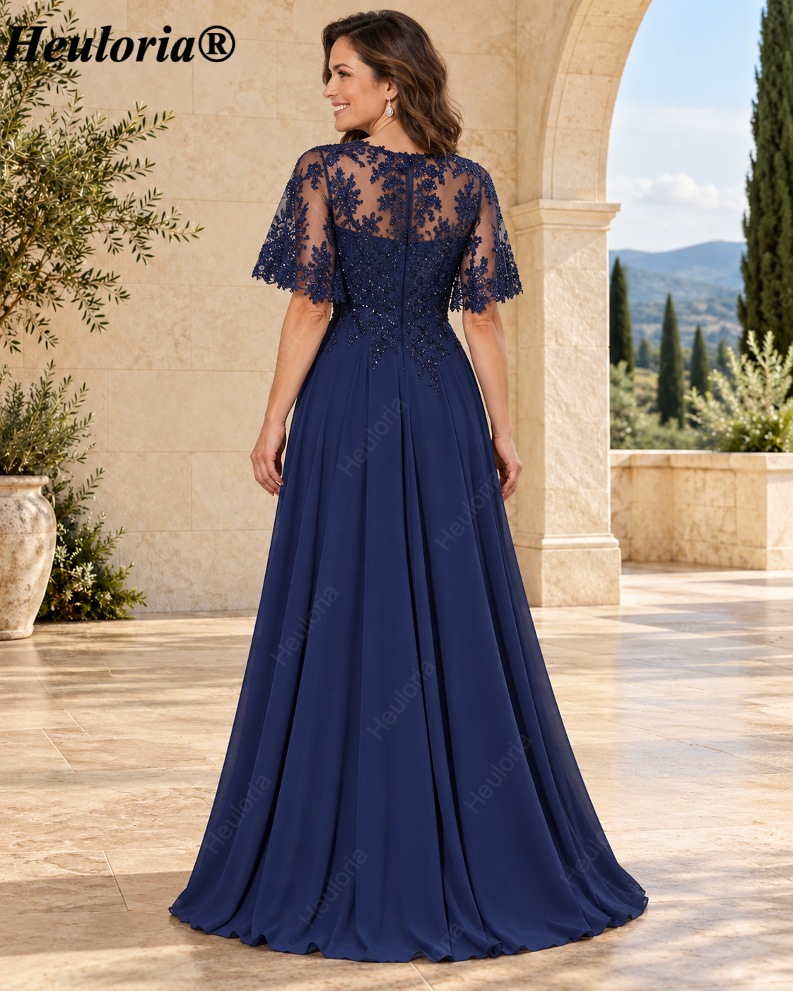 heuloria-Lace Applique Chiffon A-Line Mother of the Bride Dress with Cape-ed-378