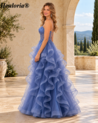 HEULORIA Dusty Blue Glitter Tulle Ball Gown Prom Dress with Beaded Sweetheart Corset and Tiered Ruffles ED-405