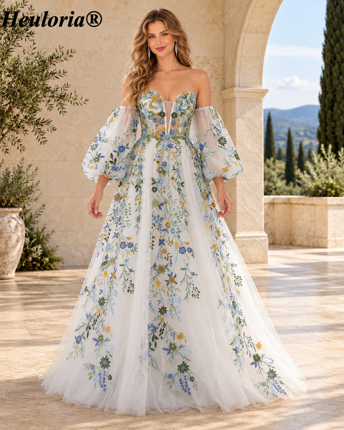 HEULORIA Multicolor Floral Embroidered Off-the-Shoulder Tulle A-Line Prom Dress with Corset Back ED-667 Immagine principale del prodotto