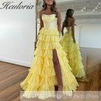 Sexy Strapless evening dress Chiffon Blue Tiered Ruffles with Slit Crystal A-Line Lace-upParty Gowns Customized