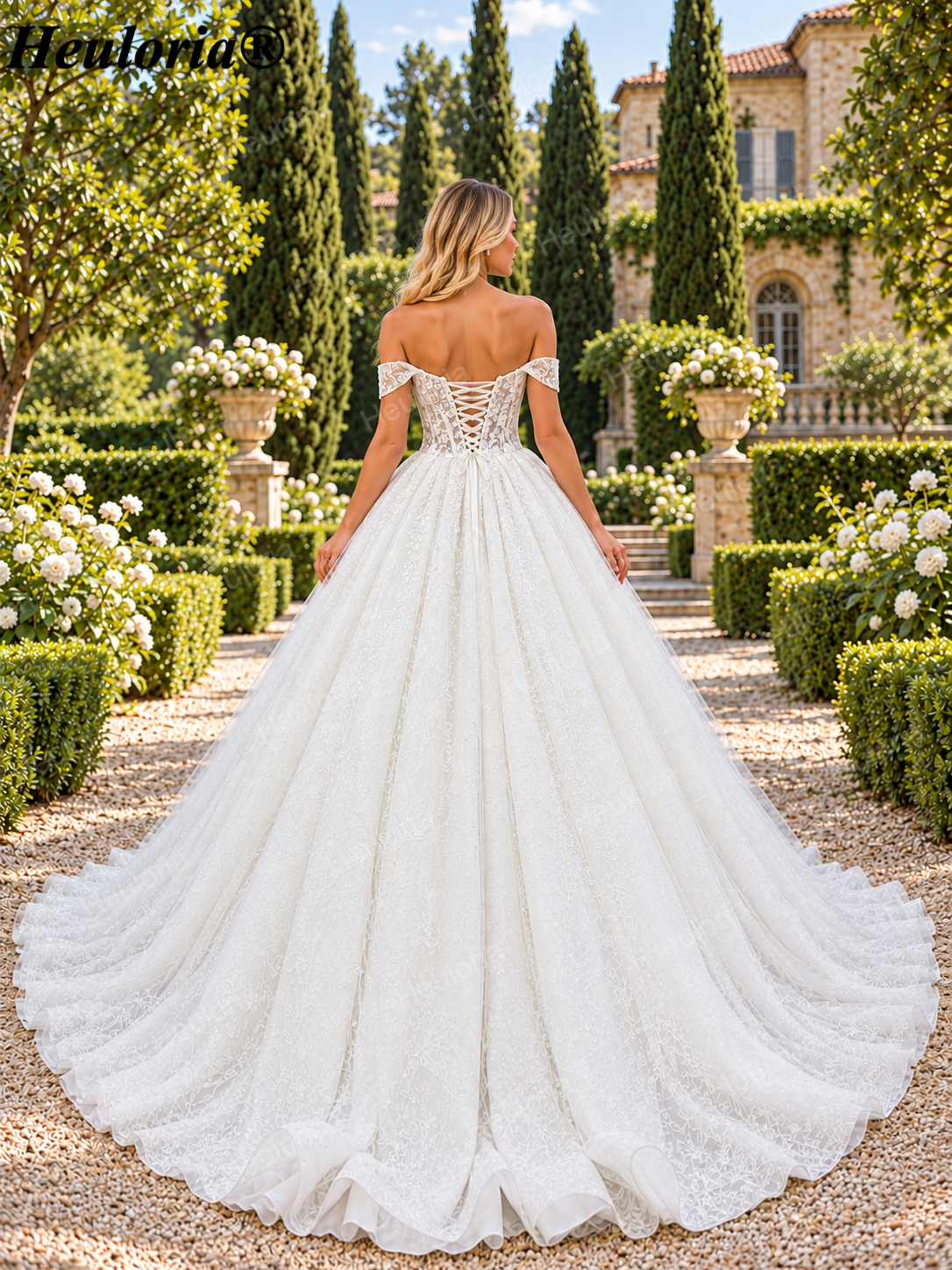 Off-Shoulder 3D Floral Glitter Ball Gown Wedding Dress with Corset BA-1100 Immagine secondaria del prodotto