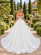 Off-Shoulder 3D Floral Glitter Ball Gown Wedding Dress with Corset BA-1100