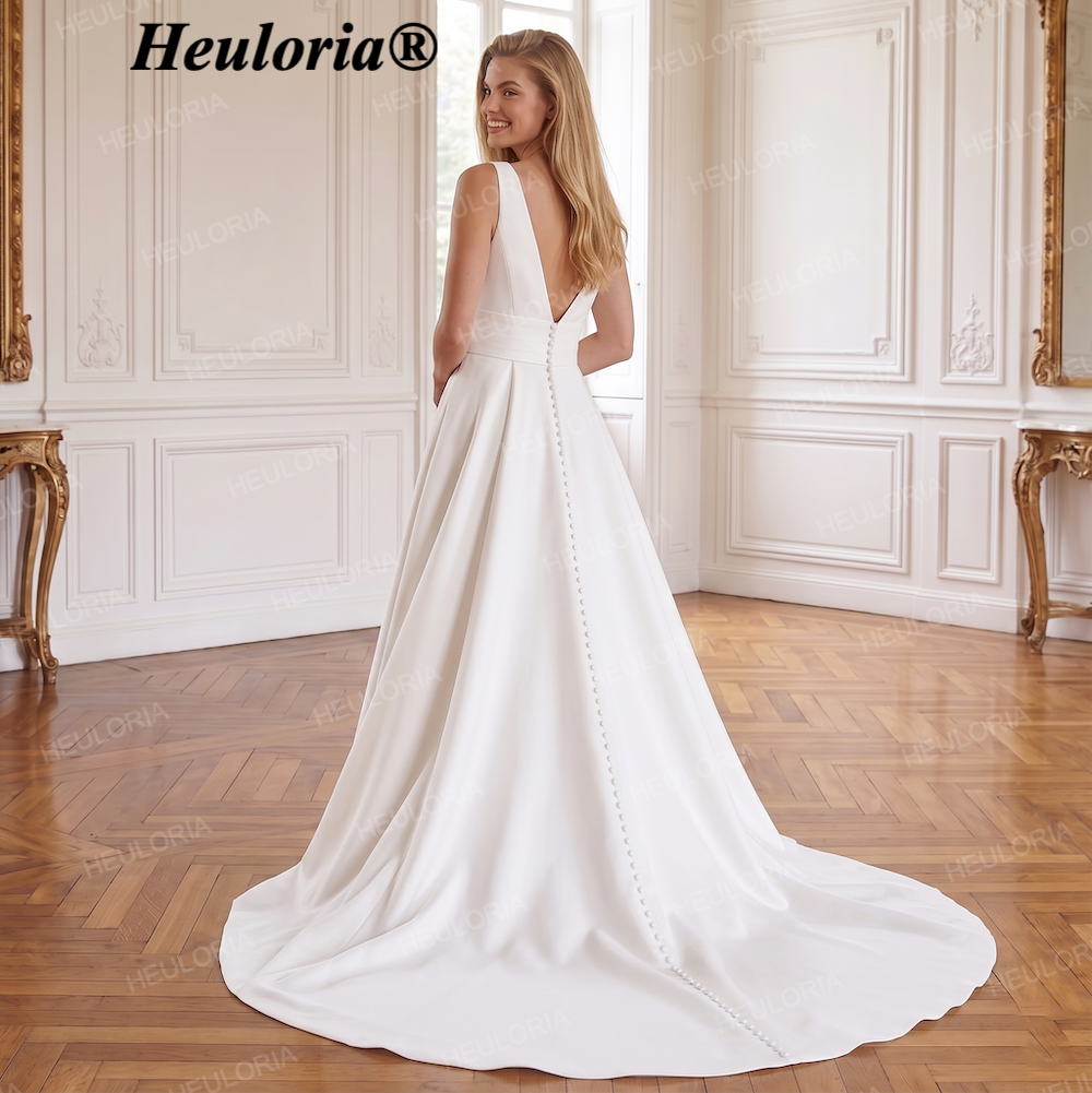 HEULORIA Classic Minimalist Satin A-Line Wedding Dress with Plunging Illusion V-Neck AL-235