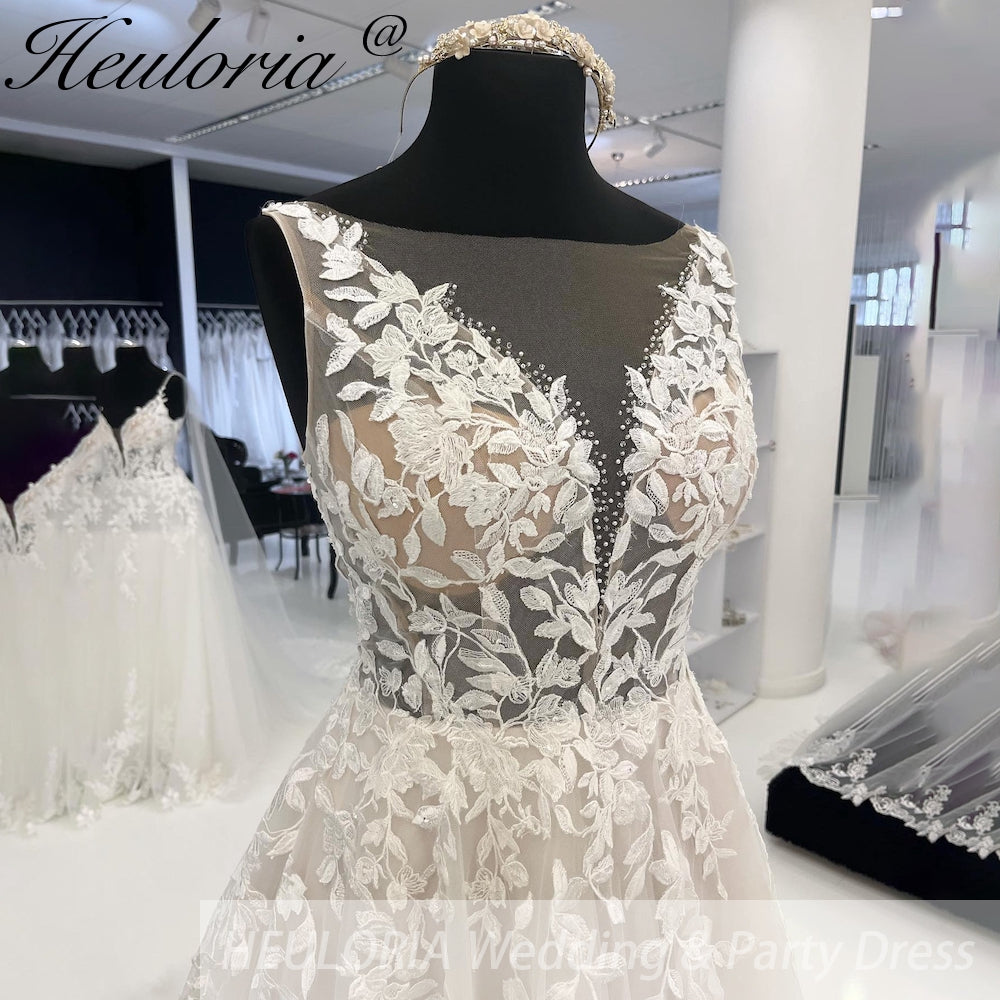 HEULORIA  Elegant V Neck A line Wedding dress Lace Bead Customized Bridal Dresses Lace Up Back