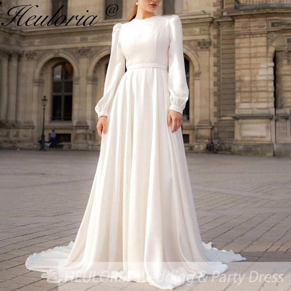 elegant Muslim Wedding Dress long sleeve high neck lace chiffon bride dress – heuloria