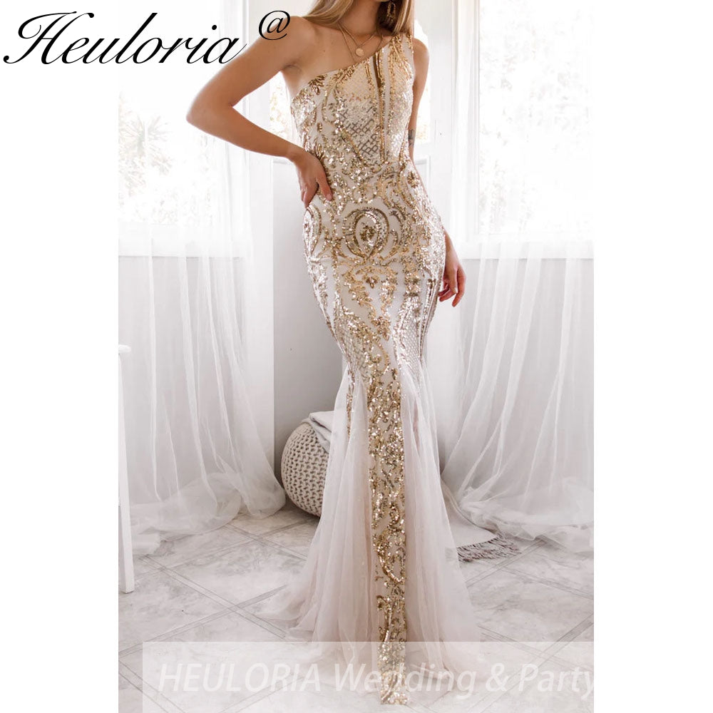 New Sexy Gold mermaid evening dresses one shoulder dresses for women party vestidos de fiesta robe de soiree de mariage