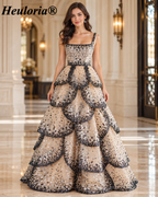 Champagne Black & Silver Sequin Square Neck Tiered Evening Dress ED-589