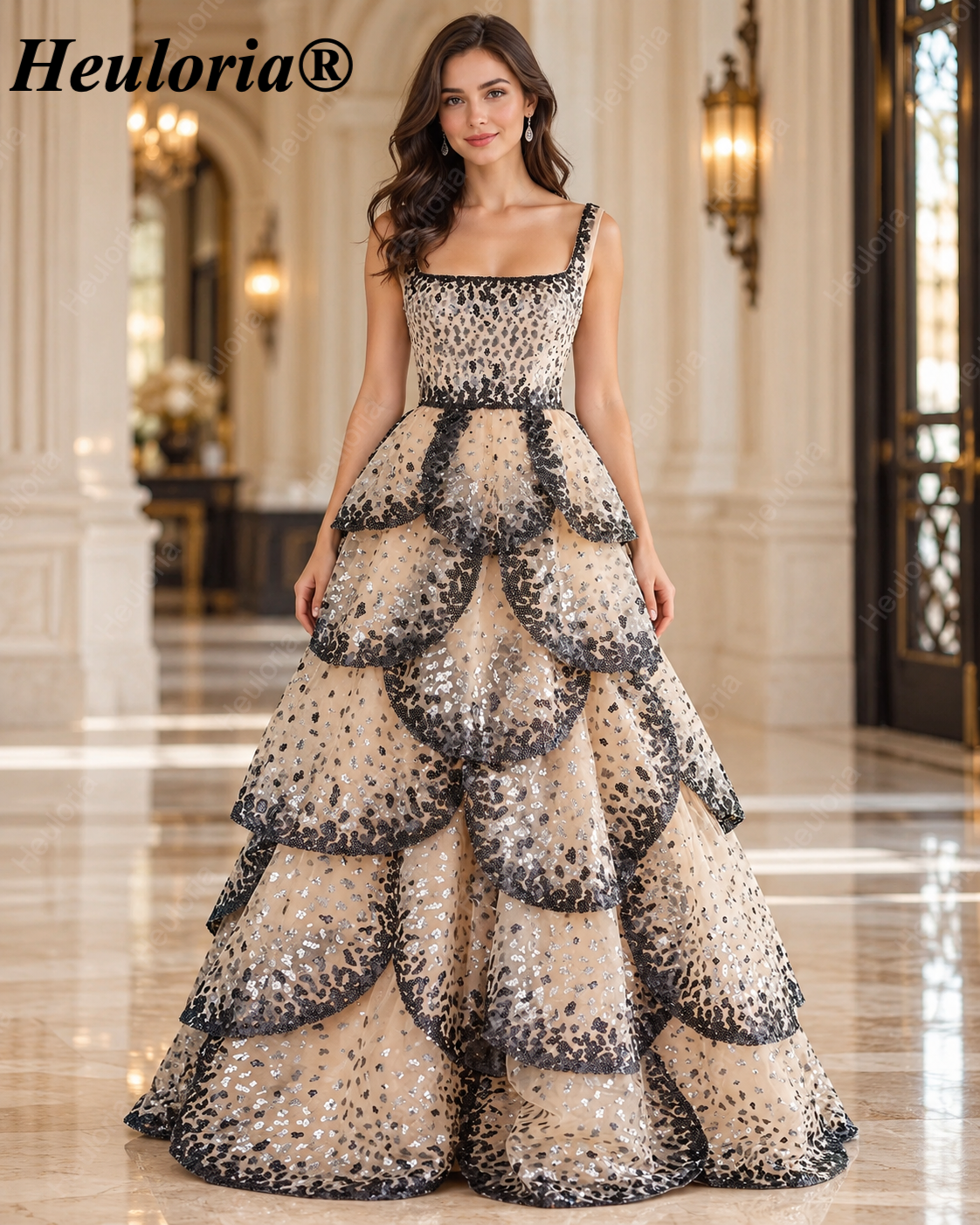 Champagne Black & Silver Sequin Square Neck Tiered Evening Dress ED-589