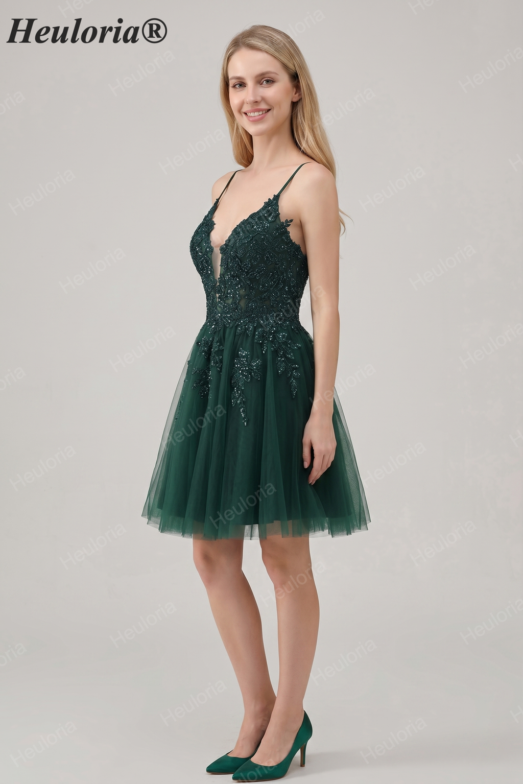 HEULORIA Heuloria Short A-Line Tulle Homecoming Dress with Beaded Lace and Illusion V-Neck ED-343