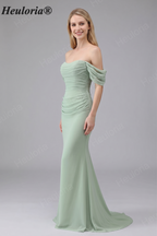 HEULORIA Elegant Off-The-Shoulder Ruched Sage Green Chiffon Mermaid Bridesmaid Dress with Lace-Up Back ED-654