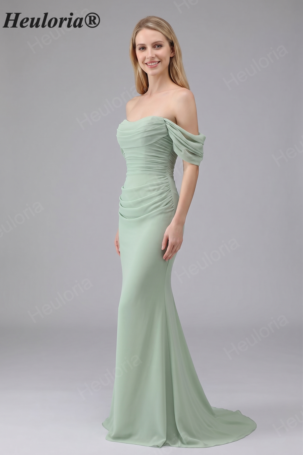 HEULORIA Elegant Off-The-Shoulder Ruched Sage Green Chiffon Mermaid Bridesmaid Dress with Lace-Up Back ED-654