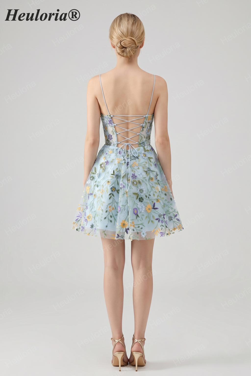 HEULORIA Enchanted Garden Sky Blue Floral Embroidered Short Homecoming Dress - Lace-up Back A-Line Mini Party Gown ED-590